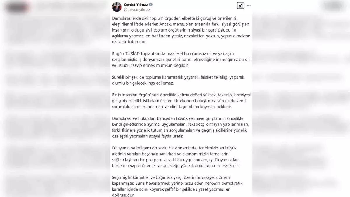 Cumhurbaşkanı Yardımcısı Yılmaz: TÜSİAD’ın Olumsuz Dili Tasvip Edilemez